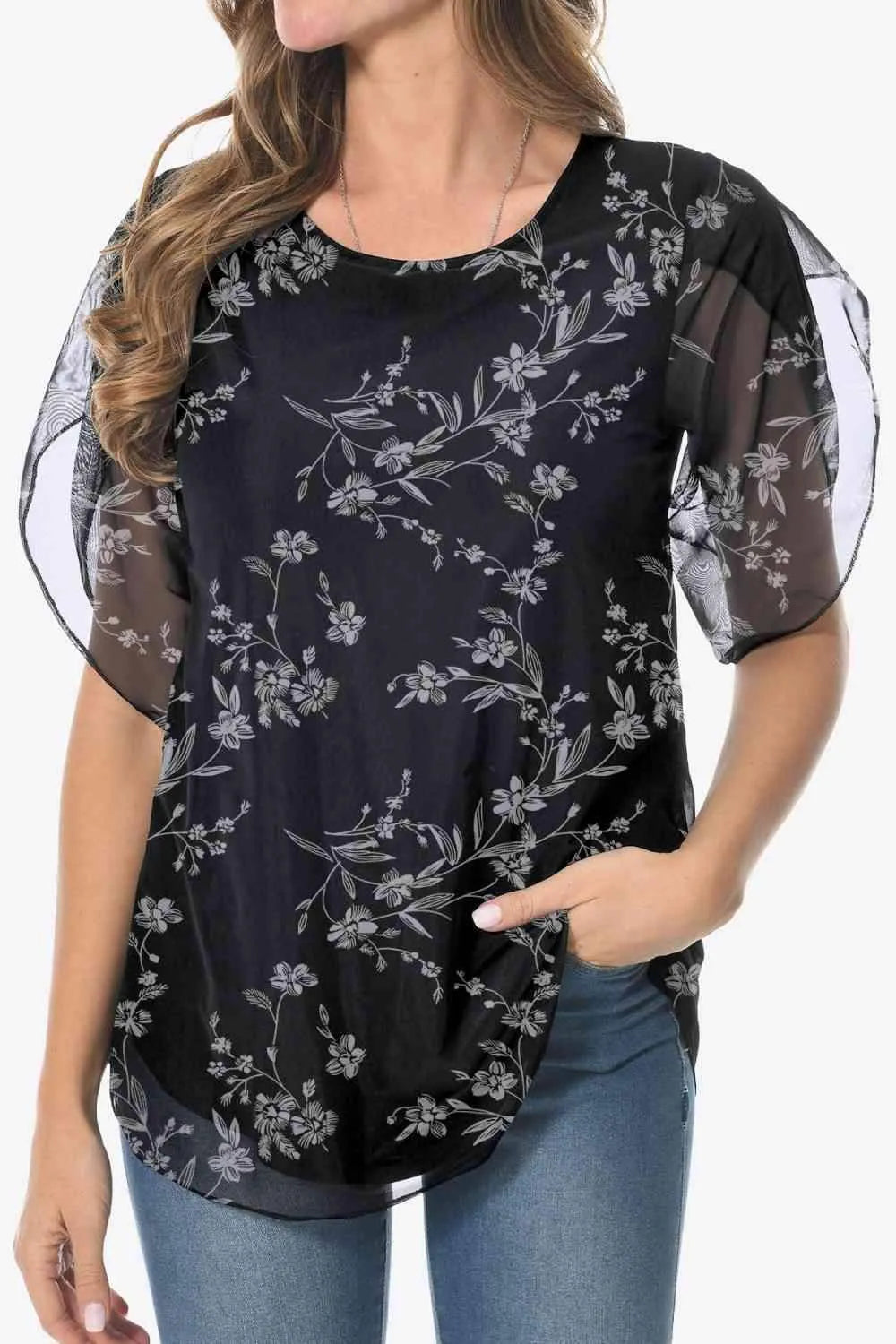Printed Round Neck Curved Hem Blouse Blouses - Tophatter Daily Deals
