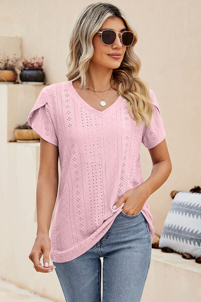 Eyelet V-Neck Petal Sleeve T-Shirt Women's T-Shirts - Tophatter Daily Deals