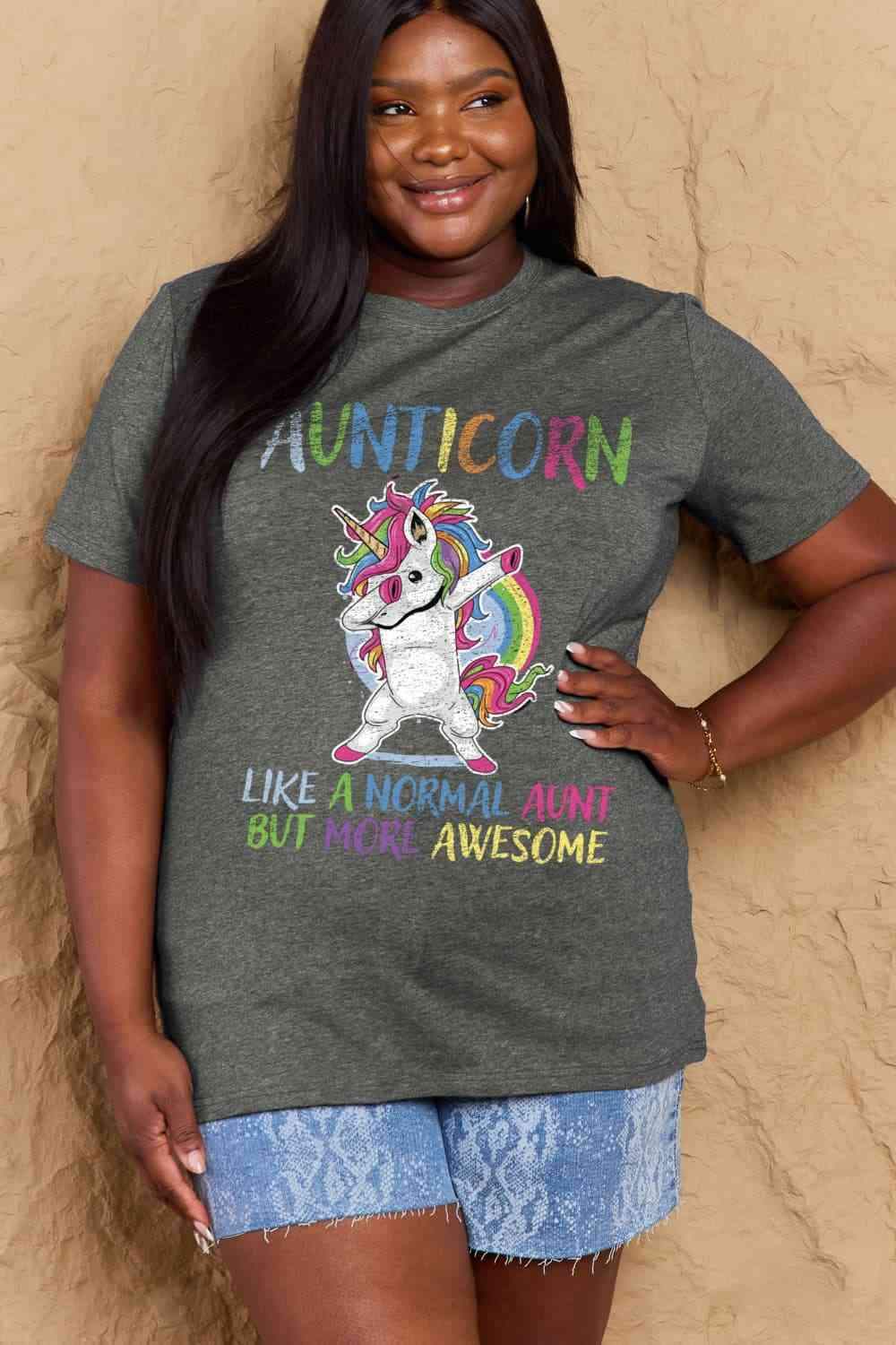 Simply Love Full Size AUNTICORN LIKE A NORMAL AUNT BUT MORE AWESOME Graphic Cotton Tee Charcoal Women's T-Shirts - Tophatter Daily Deals