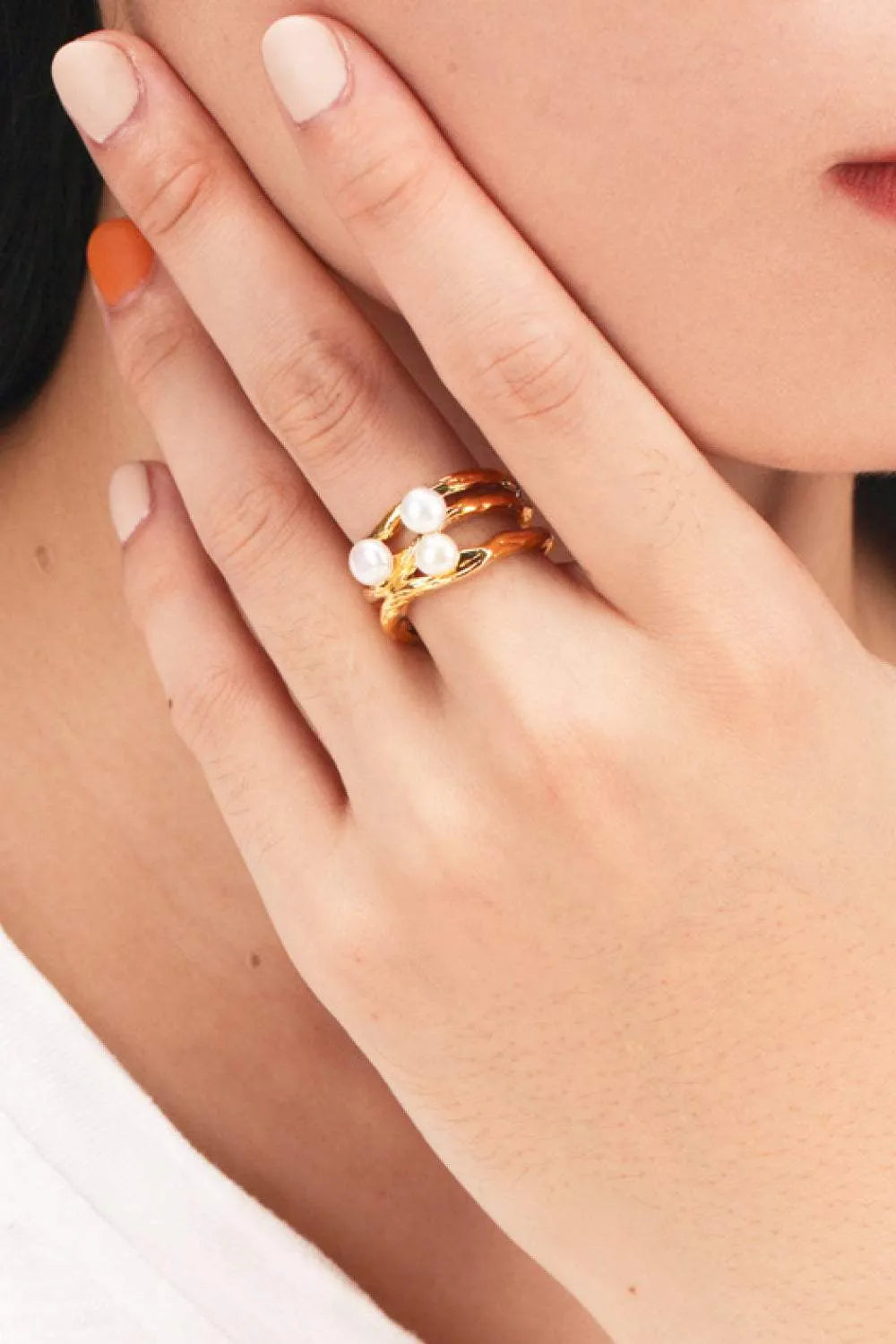 18K Gold-Plated Three Pearl Ring Rings - Tophatter Daily Deals