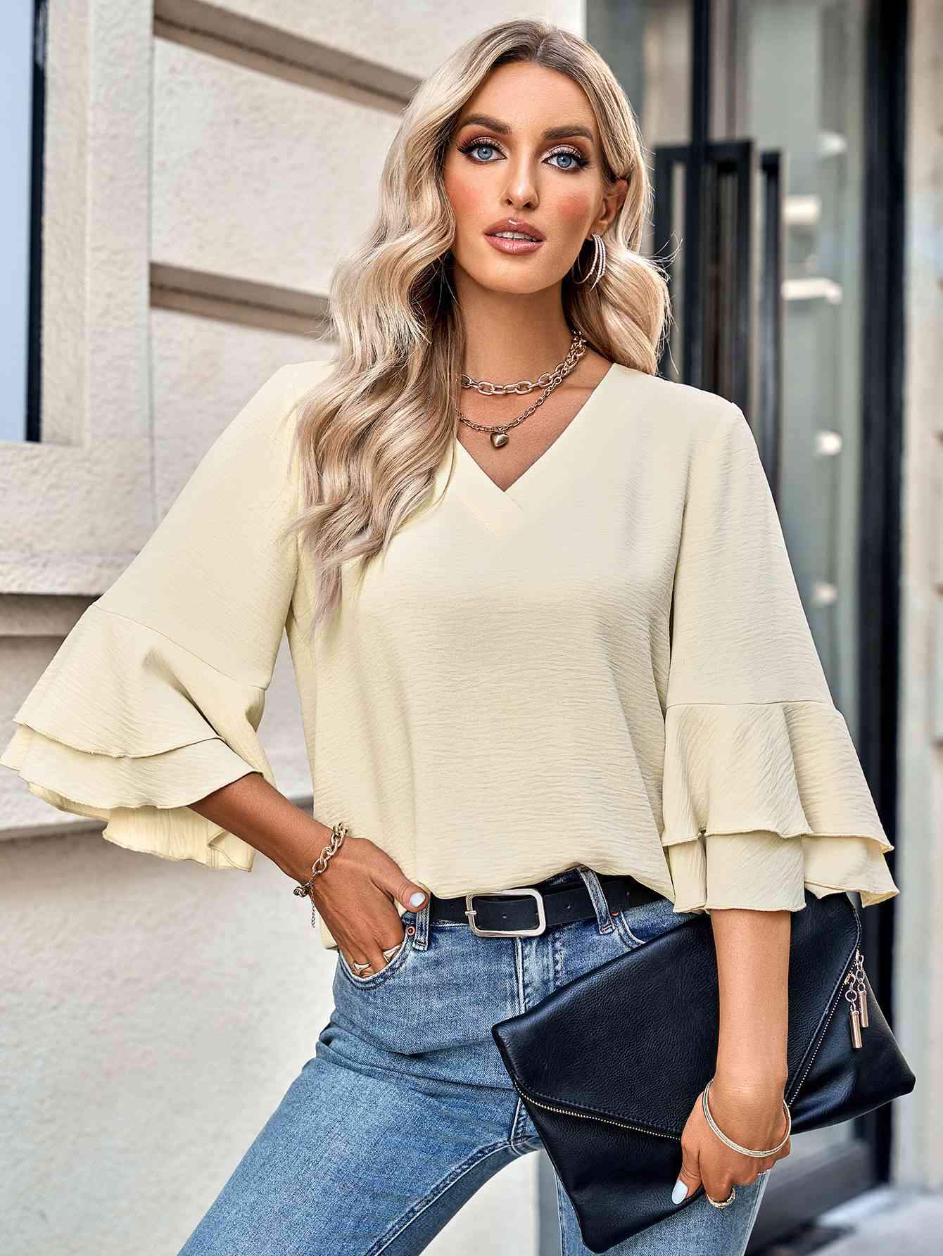 Layered Flare Sleeve Textured V-Neck Blouse Blouses - Tophatter Daily Deals