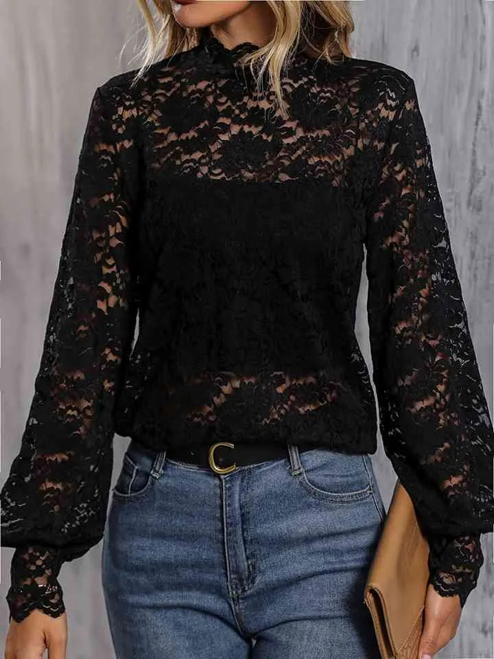 Mock Neck Lace Blouse Black Blouses - Tophatter Daily Deals