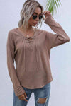 Lace-Up V-Neck Ribbed Top Blouses - Tophatter Daily Deals