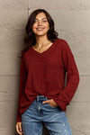 Ninexis Full Size V-Neck Long Sleeve Front Pocket Blouse Brick Red Blouses - Tophatter Daily Deals