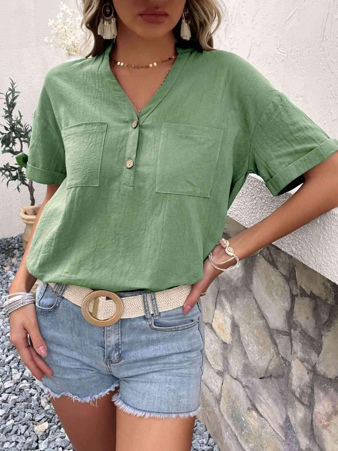 Buttoned Notched Neck Cuffed Sleeve Blouse Green Blouses - Tophatter Daily Deals