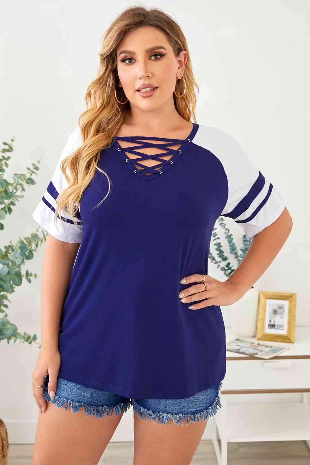 Plus Size Contrast Crisscross Tee Shirt Blue Women's T-Shirts - Tophatter Daily Deals