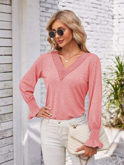 V-Neck Smocked Ruffled Long Sleeve Top Women's T-Shirts - Tophatter Daily Deals