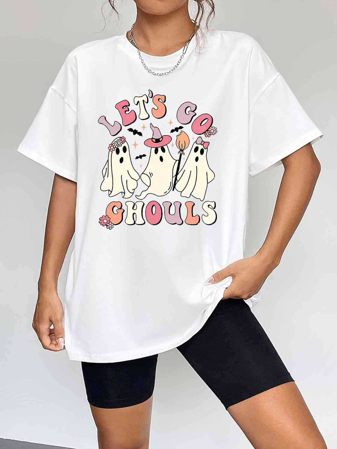 Round Neck Short Sleeve LET'S GO GHOULS Graphic T-Shirt Women's T-Shirts - Tophatter Daily Deals