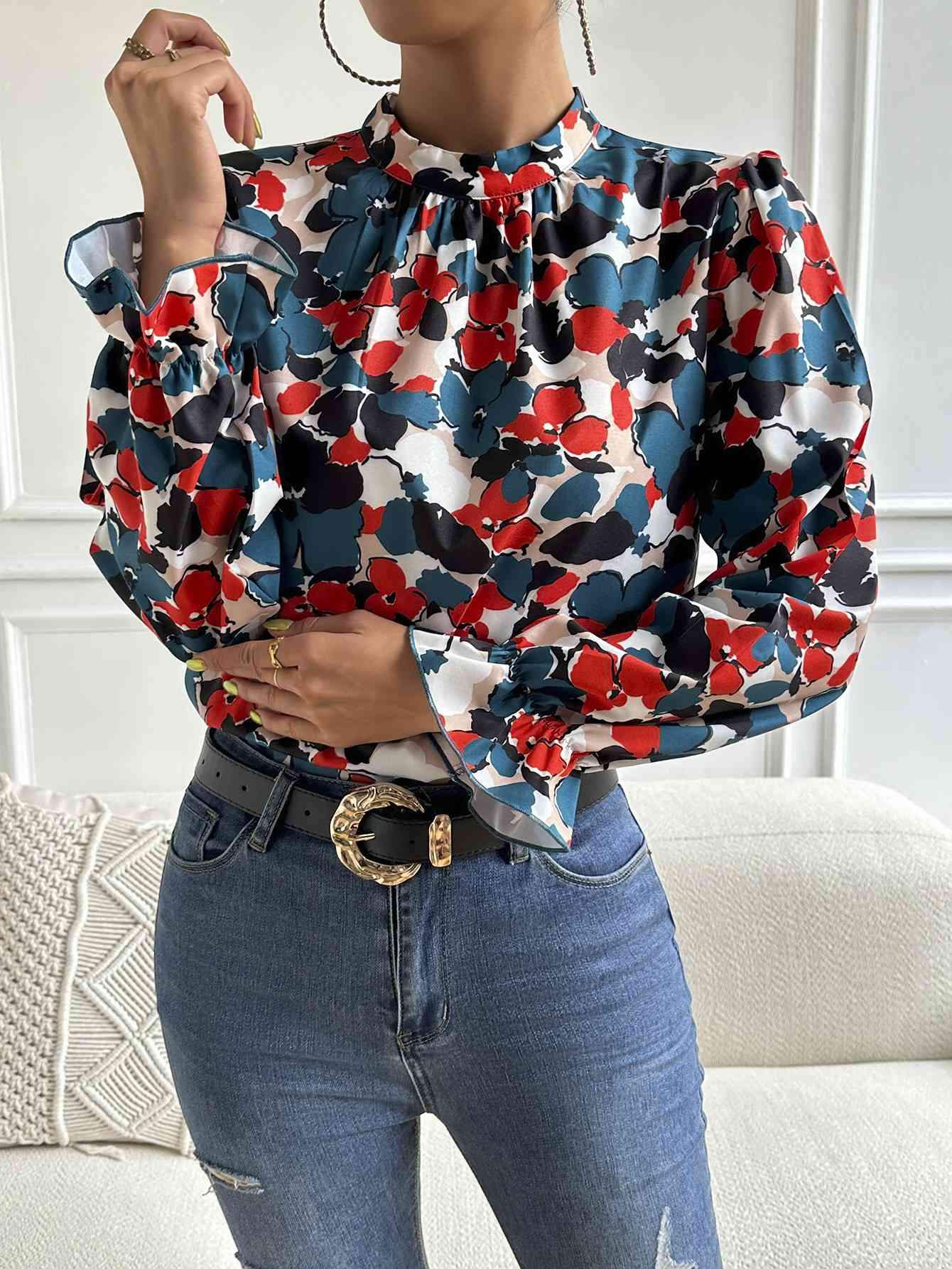 Floral Mock Neck Long Flounce Sleeve Blouse Blouses - Tophatter Daily Deals