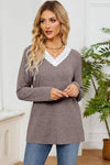 Lace Detail V-Neck Long Sleeve T-Shirt Mocha Women's T-Shirts - Tophatter Daily Deals