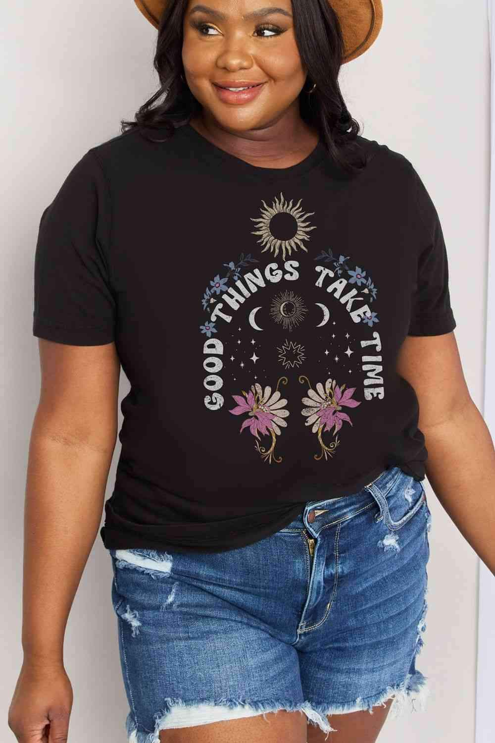 Simply Love Full Size GOOD THINGS TAKE TIME Graphic Cotton Tee Women's T-Shirts - Tophatter Daily Deals