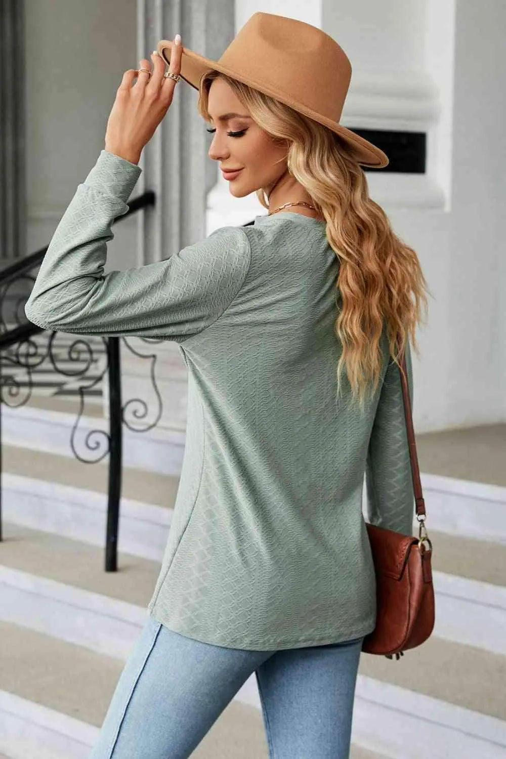 Notched Neck Long Sleeve Buttoned Blouse Blouses - Tophatter Daily Deals