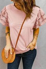Round Neck Openwork Flutter Sleeve Top Blouses - Tophatter Daily Deals