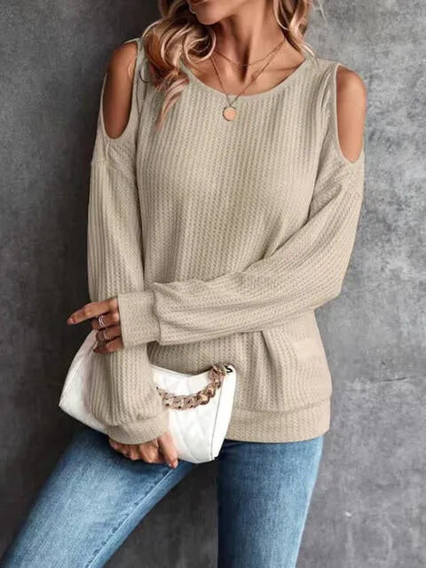 Round Neck Cold-Shoulder Waffle-Knit Top Blouses - Tophatter Daily Deals