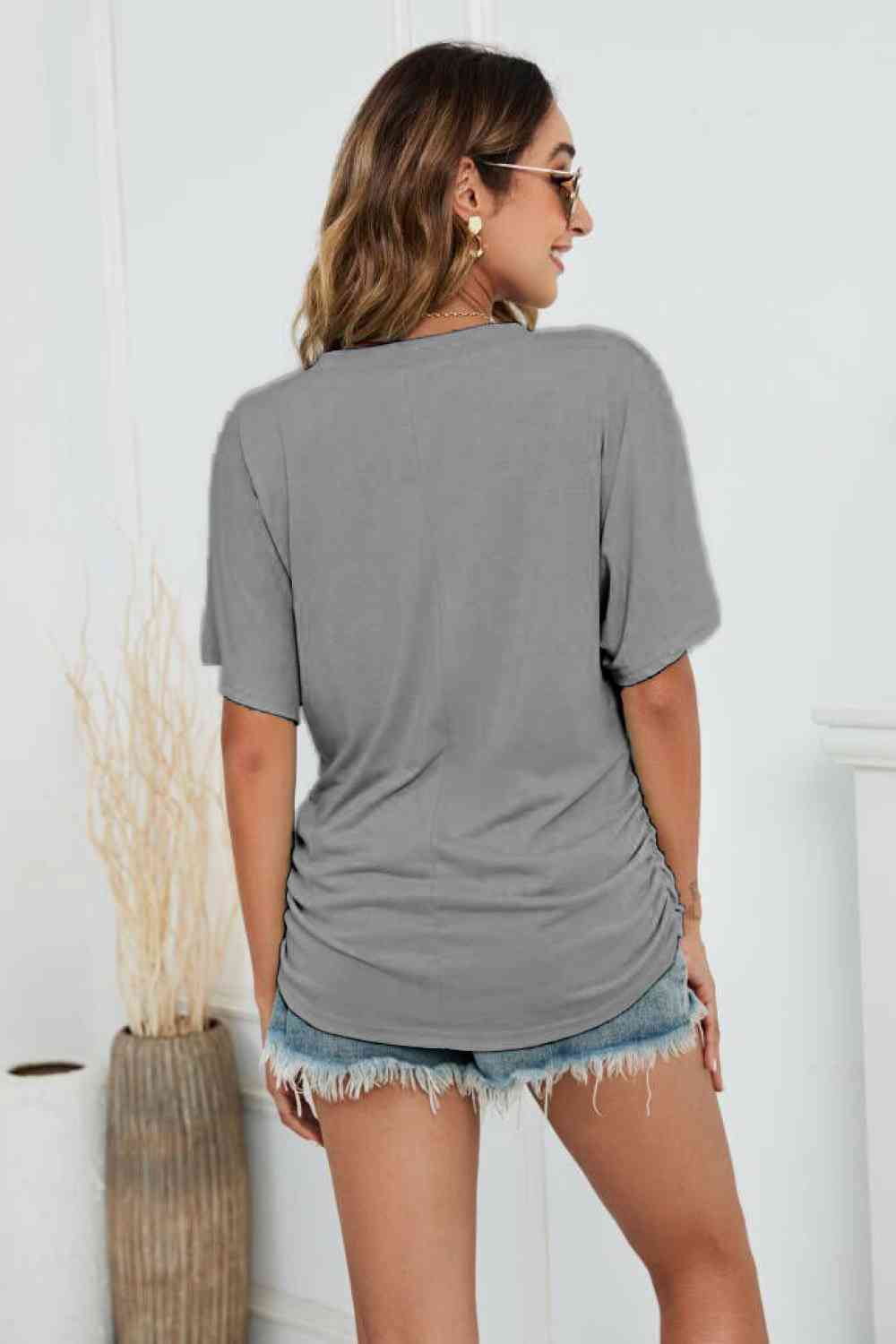 V-Neck Side Ruched Tee Women's T-Shirts - Tophatter Daily Deals