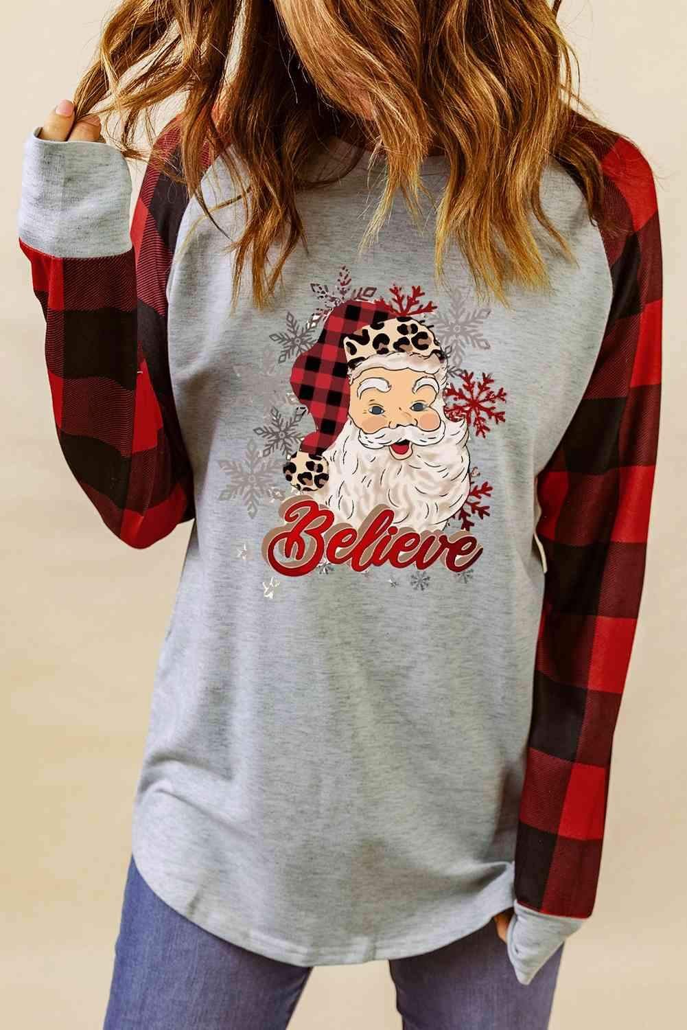 Santa Graphic Long Sleeve T-Shirt Charcoal Women's T-Shirts - Tophatter Daily Deals