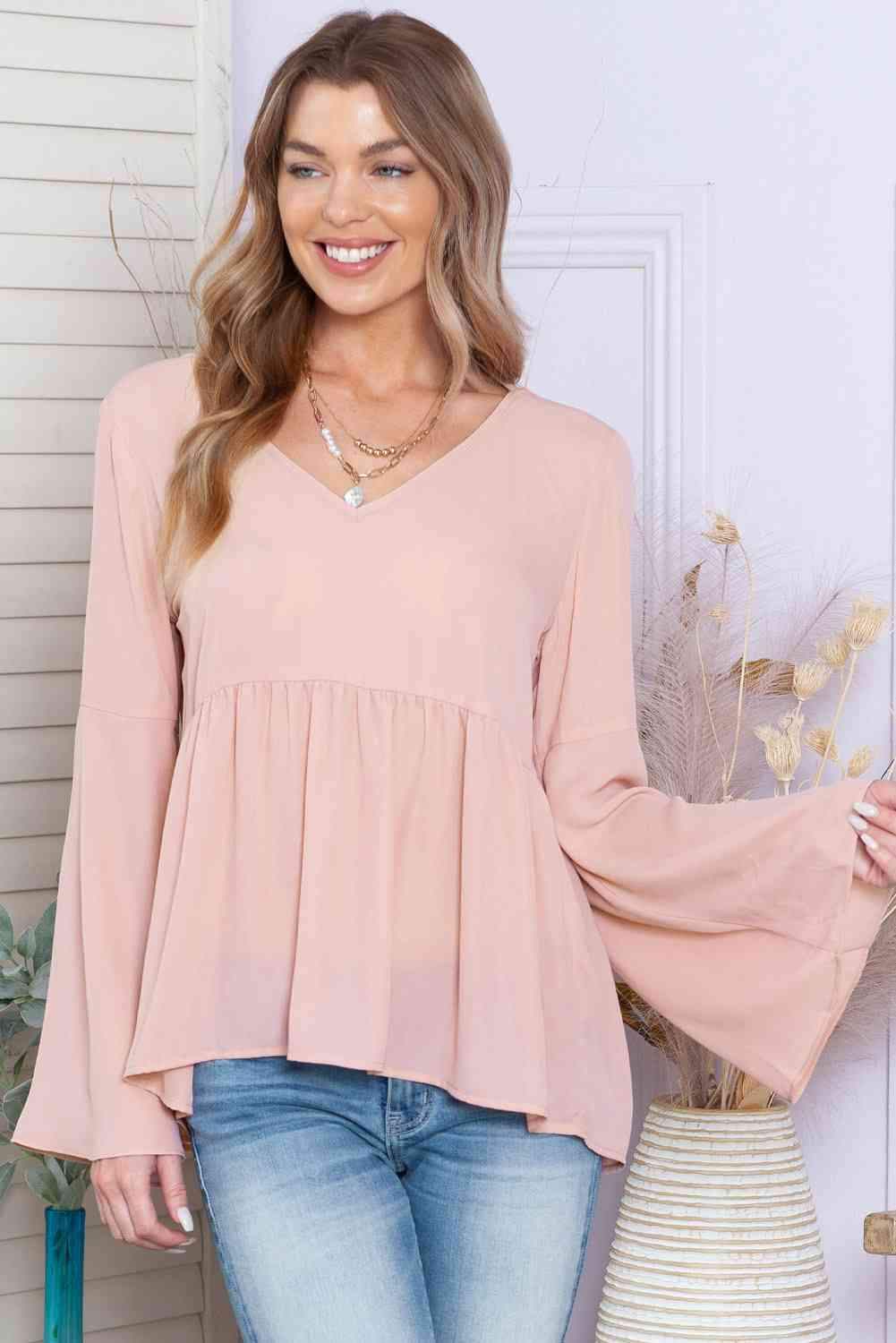 V-Neck Flare Sleeve Blouse Blouses - Tophatter Daily Deals