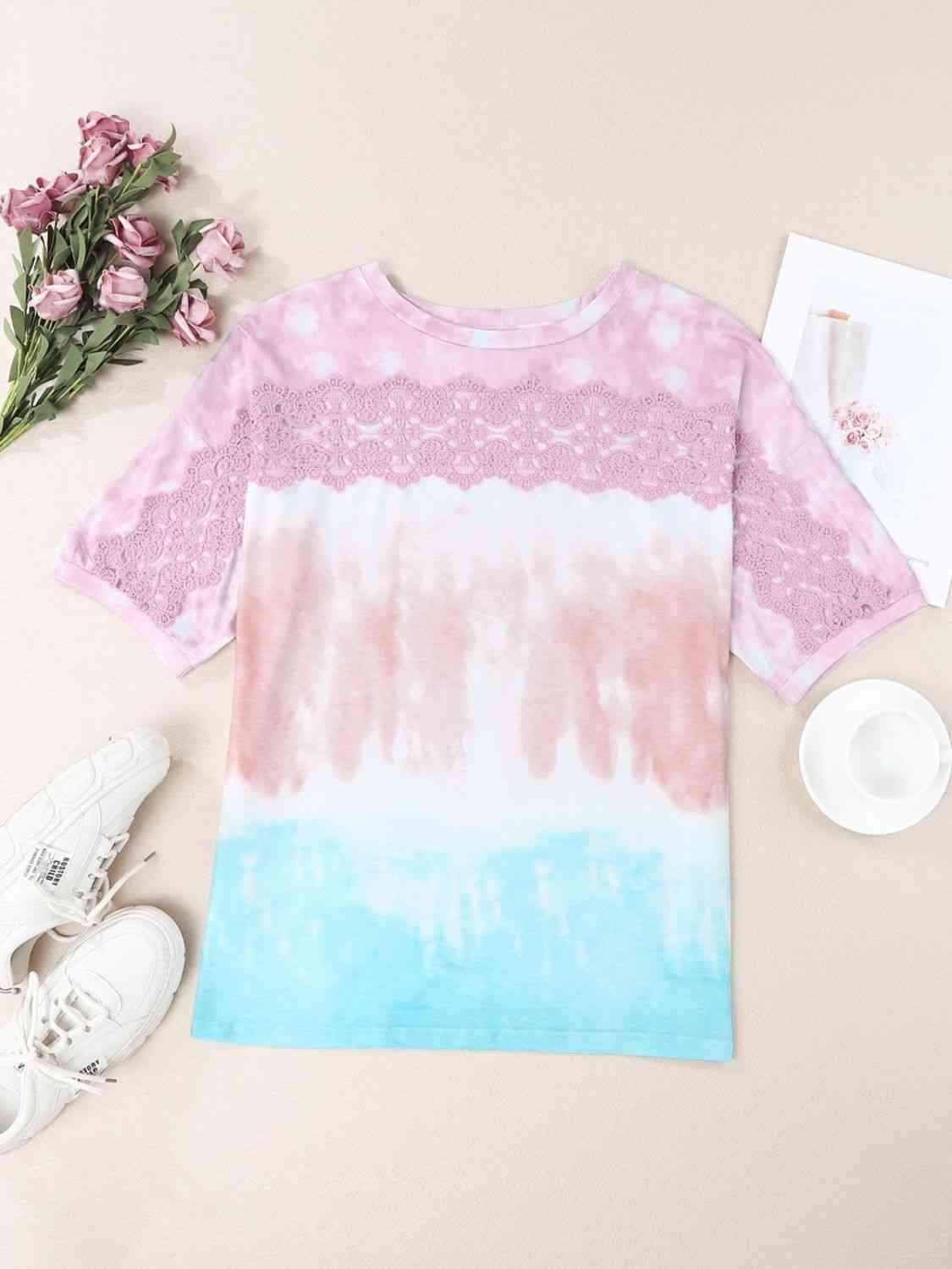 Tie-Dye Lace Trim Round Neck Top Blouses - Tophatter Daily Deals