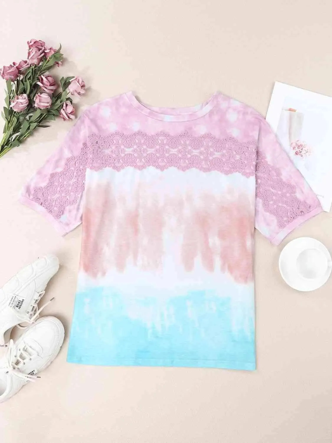 Tie-Dye Lace Trim Round Neck Top Blouses - Tophatter Daily Deals