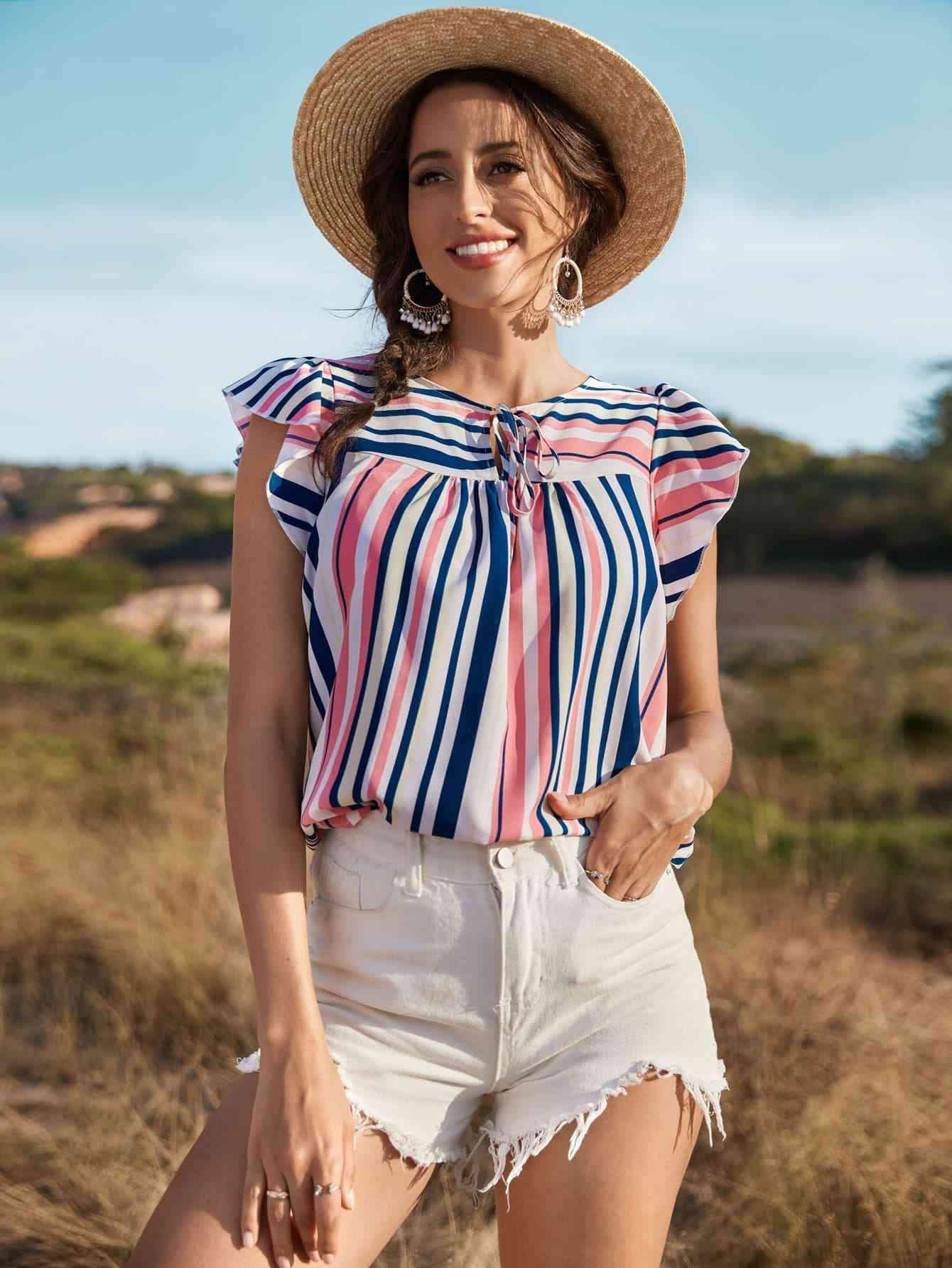 Striped Flutter Sleeve Tied Blouse Multicolor Blouses - Tophatter Daily Deals