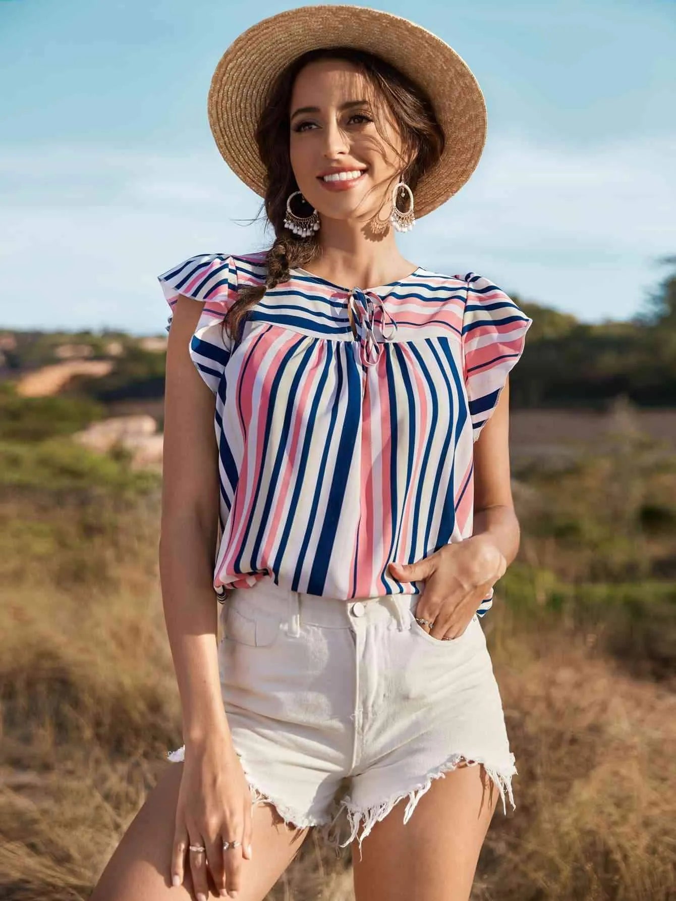 Striped Flutter Sleeve Tied Blouse Multicolor Blouses - Tophatter Daily Deals