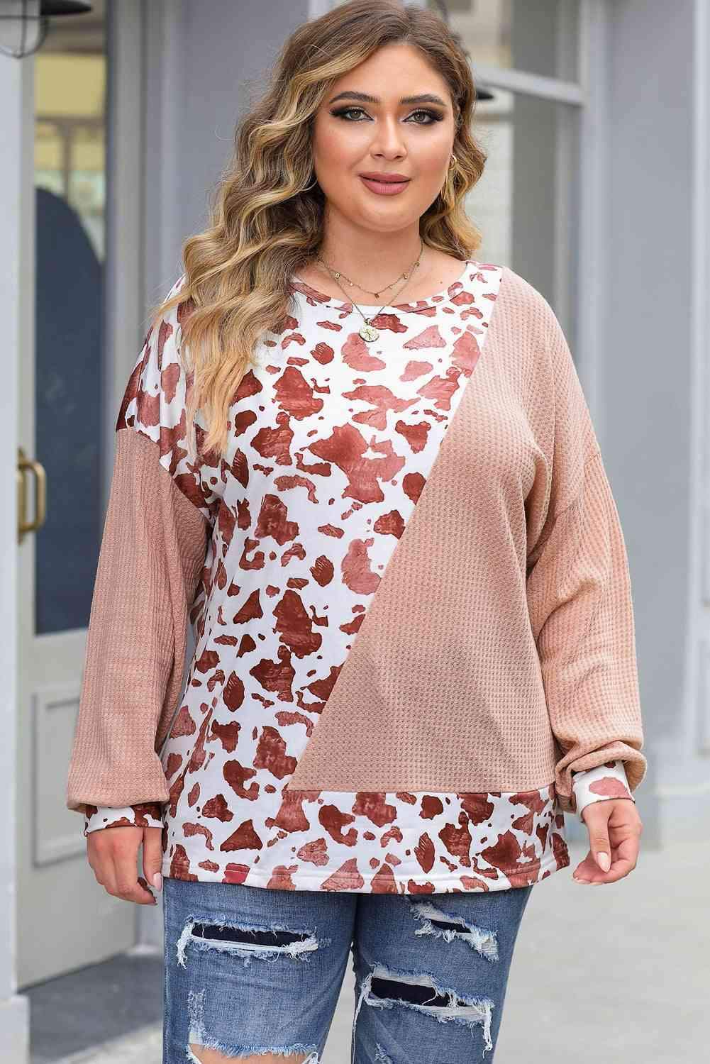 Plus Size Waffle-Knit Drop Shoulder Blouse Pale Blush Blouses - Tophatter Daily Deals