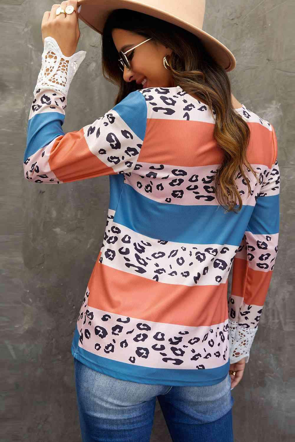 Leopard Color Block Lace Detail Blouse Blouses - Tophatter Daily Deals