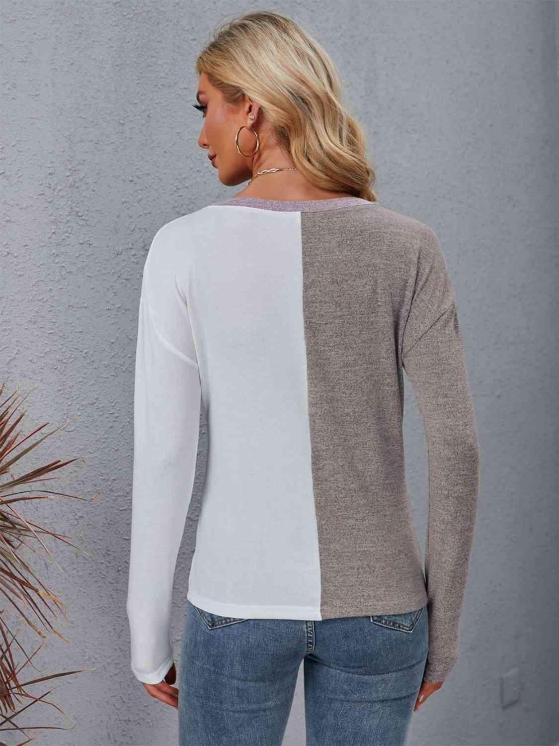 Color Block Round Neck Top with Pocket Women's T-Shirts - Tophatter Daily Deals