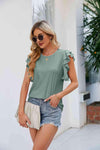 Round Neck Flutter Sleeve Eyelet Blouse Blouses - Tophatter Daily Deals