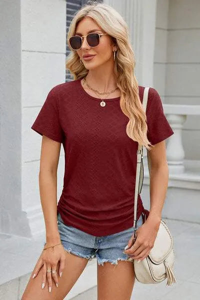 Eyelet Round Neck Short Sleeve T-Shirt Women's T-Shirts - Tophatter Daily Deals