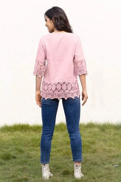 Tie Neck Lace Detail Half Sleeve Blouse Blouses - Tophatter Daily Deals