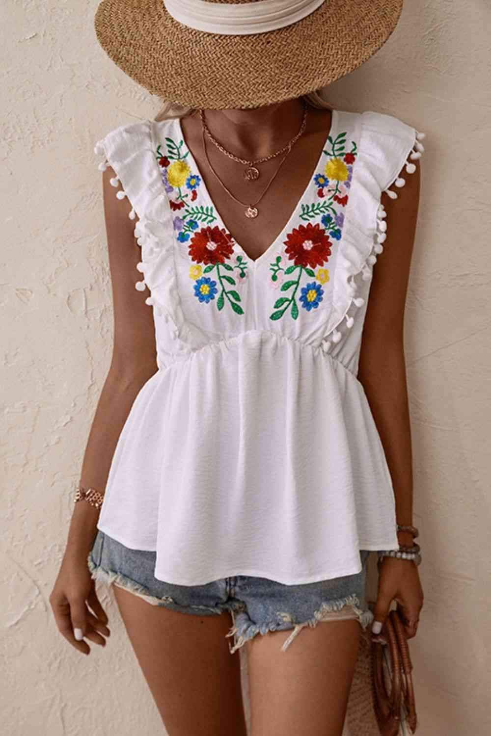 Embroidered Pom-Pom Trim Cap Sleeve Babydoll Top White Blouses - Tophatter Daily Deals