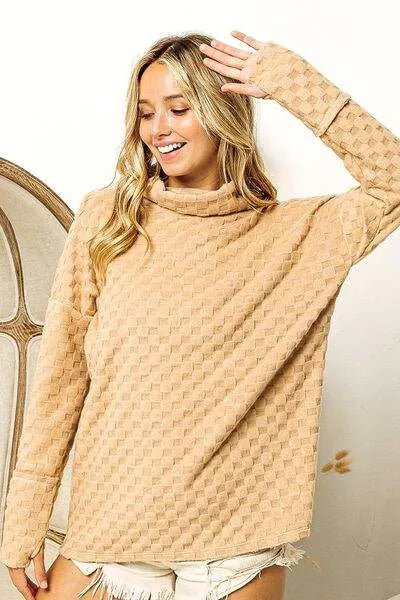 BiBi Checkered Round Neck Thumbhole Long Sleeve Top Blouses - Tophatter Daily Deals