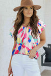 Multicolored Flutter Sleeve Round Neck Blouse Blouses - Tophatter Daily Deals