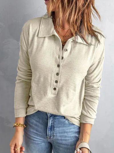 Collared Neck Half Button Top Beige Blouses - Tophatter Daily Deals