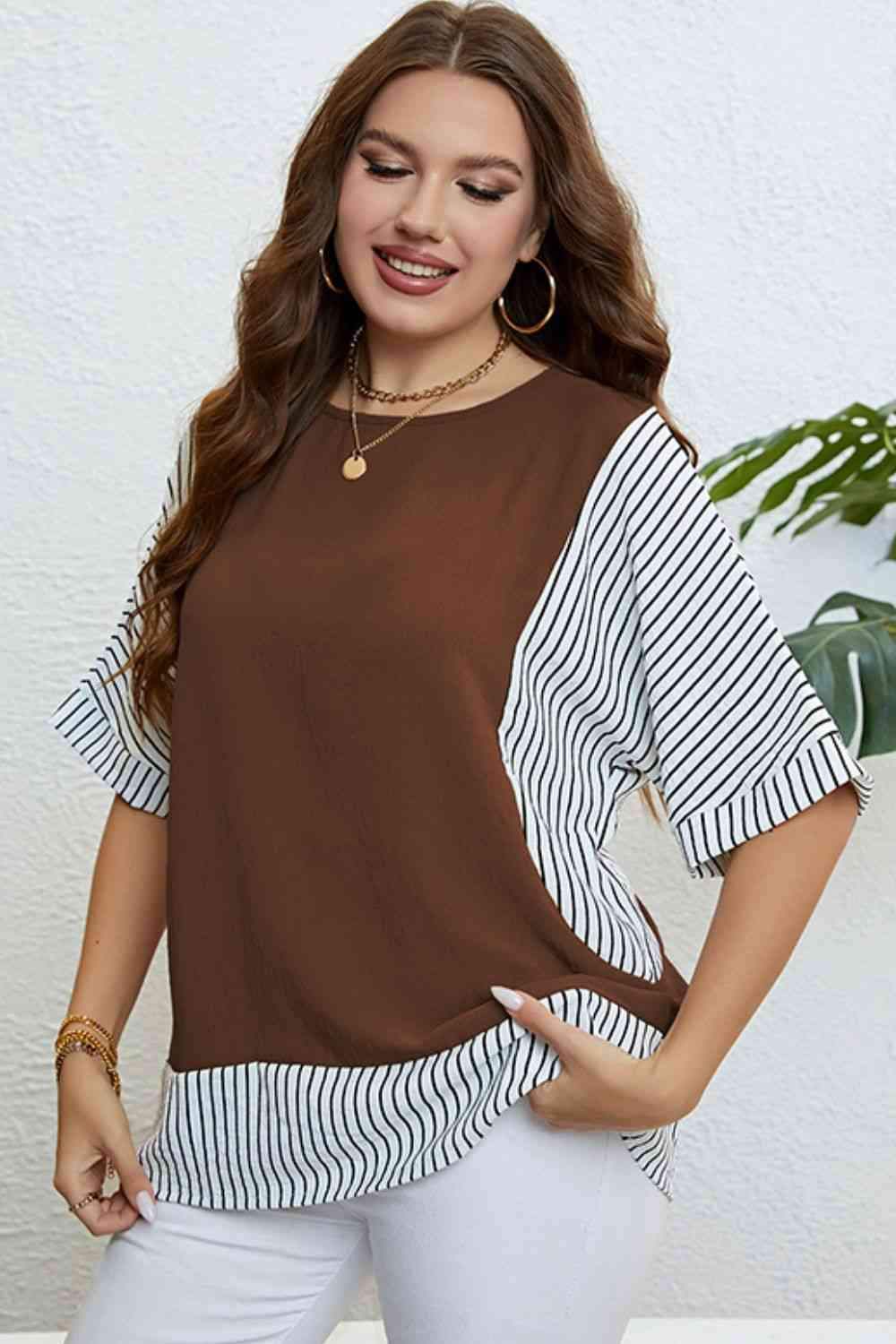 Plus Size Striped Round Neck Half Sleeve Top Blouses - Tophatter Daily Deals