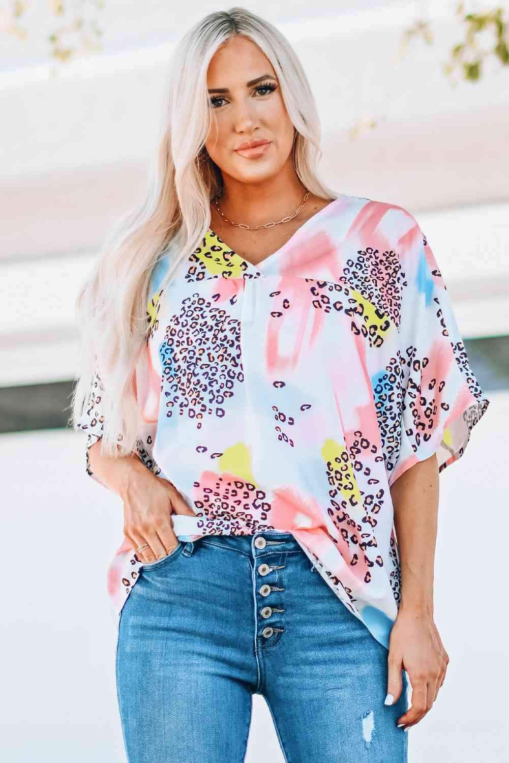 Mixed Print V-Neck Half Sleeve Top Multicolor Blouses - Tophatter Daily Deals