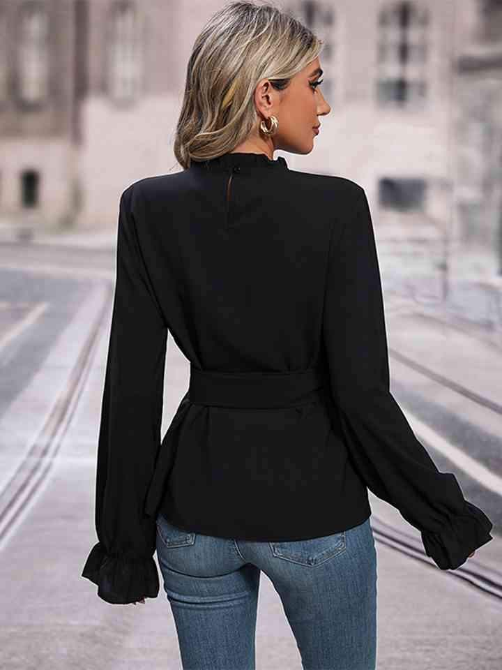 Round Neck Tie Waist Long Sleeve Blouse Blouses - Tophatter Daily Deals