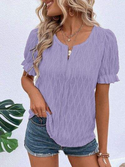 Ruffled Notched Short Sleeve T-Shirt Lavender Women's T-Shirts - Tophatter Daily Deals