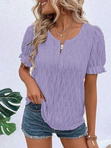 Ruffled Notched Short Sleeve T-Shirt Lavender Women's T-Shirts - Tophatter Daily Deals