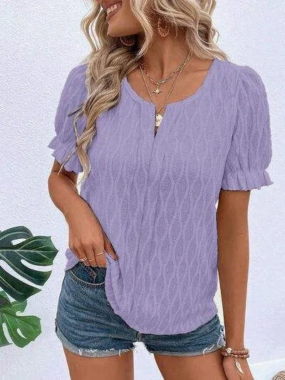 Ruffled Notched Short Sleeve T-Shirt Lavender Women's T-Shirts - Tophatter Daily Deals