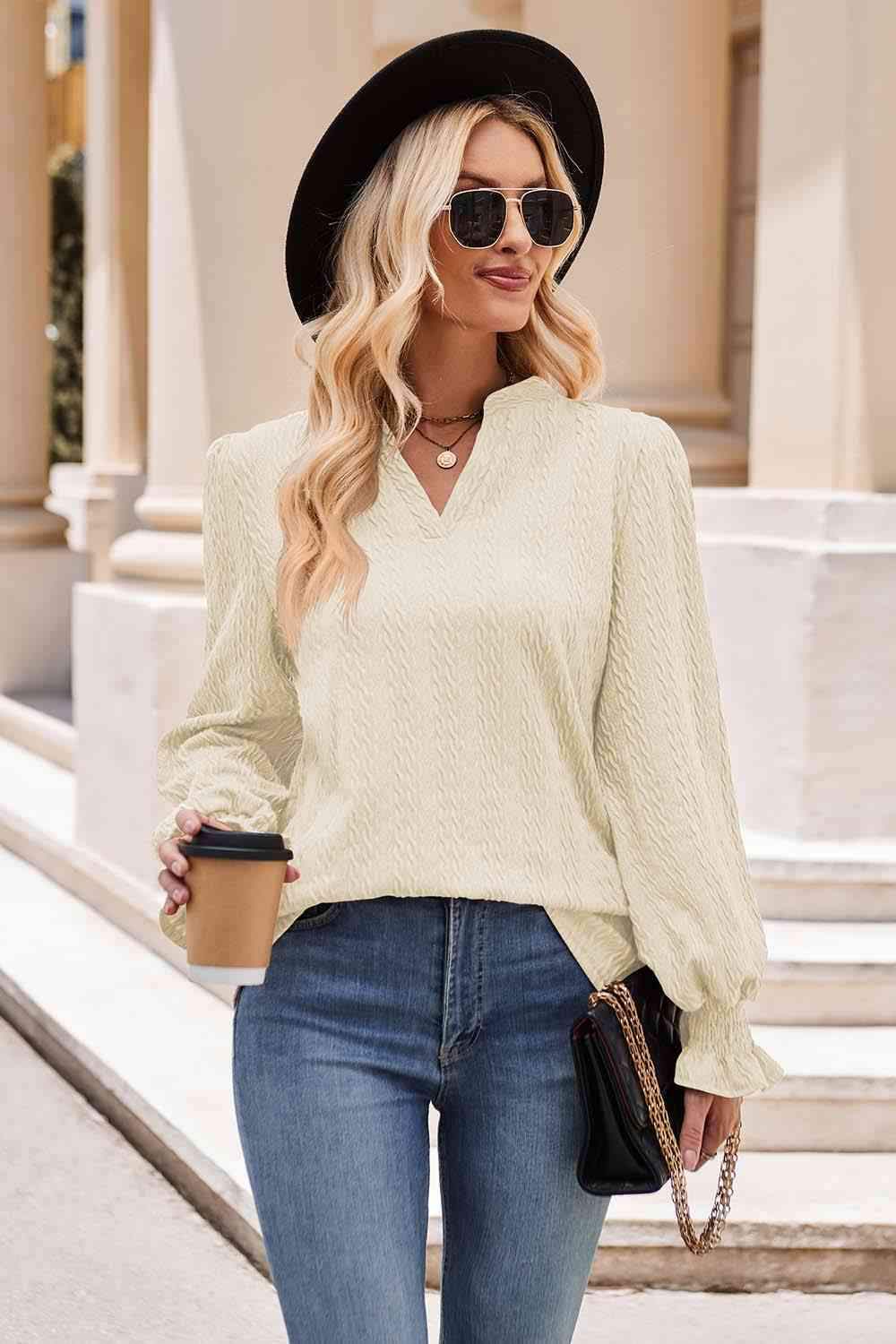 Notched Neck Flounce Sleeve Blouse Beige Blouses - Tophatter Daily Deals