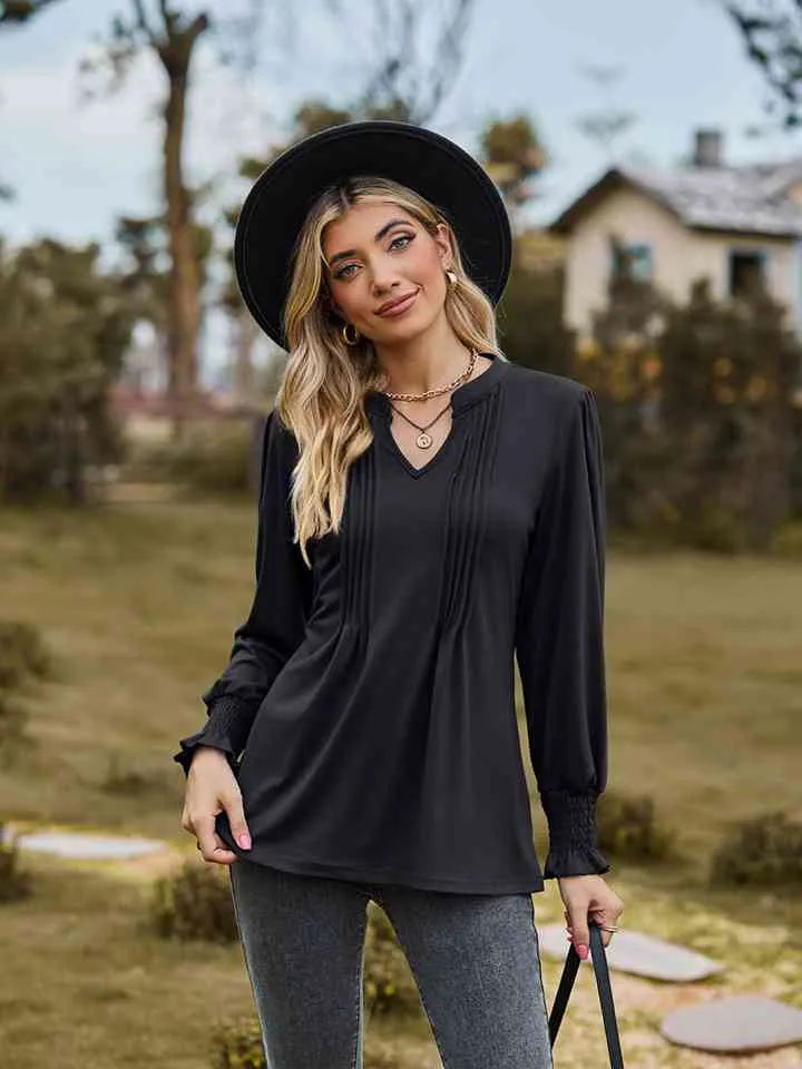 Notched Neck Flounce Sleeve Blouse Black Blouses - Tophatter Daily Deals