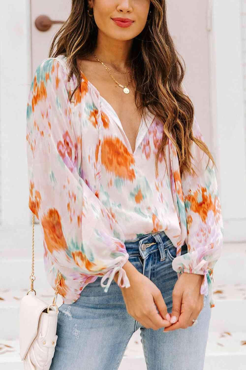 Printed Tie Neck Long Sleeve Blouse Floral Blouses - Tophatter Daily Deals