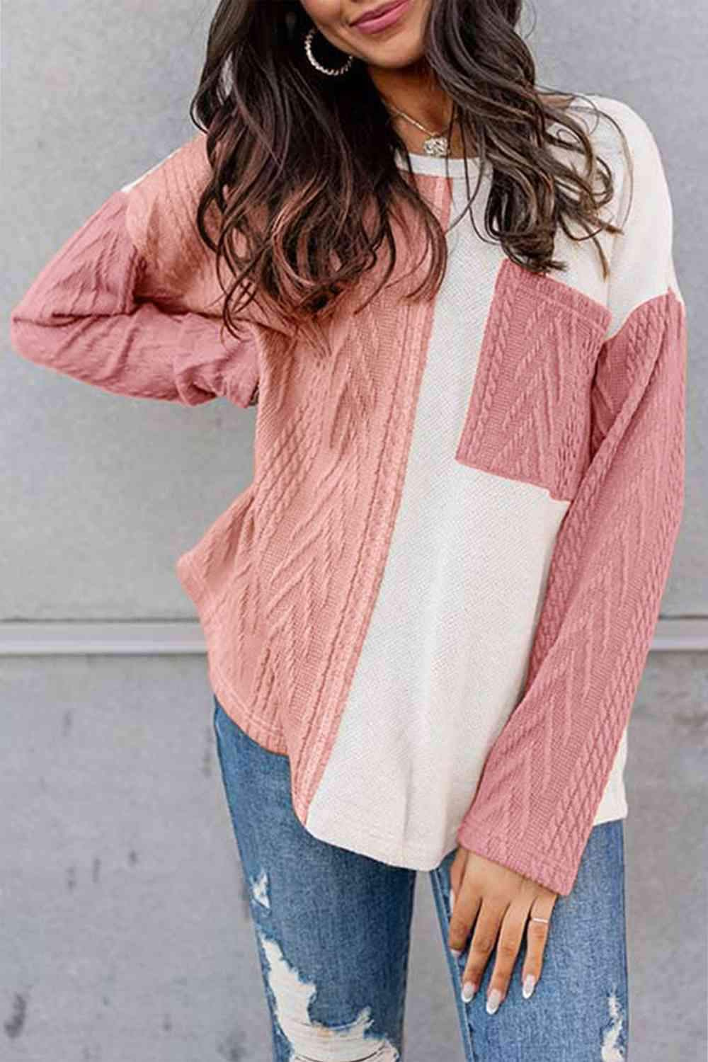 Full Size Color Block Cable-Knit Tops Dusty Pink Blouses - Tophatter Daily Deals