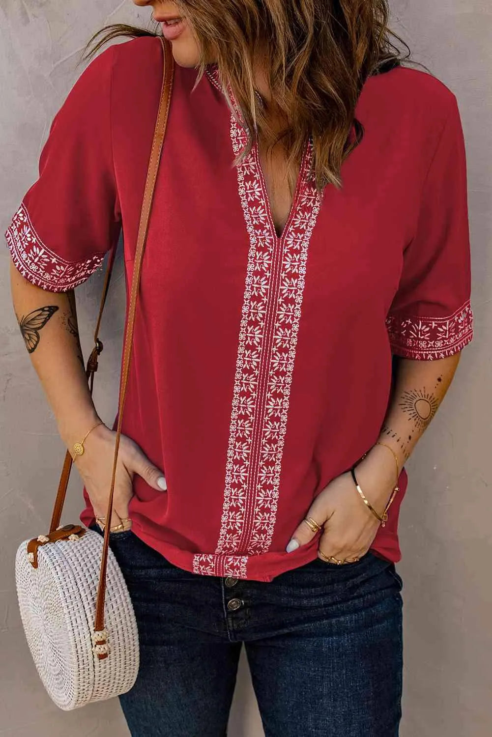 Embroidered V-Neck Top Blouses - Tophatter Daily Deals