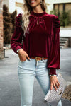 Tie Up Mock Neck Velvet Fabric Long Sleeve Blouse Wine Blouses - Tophatter Daily Deals