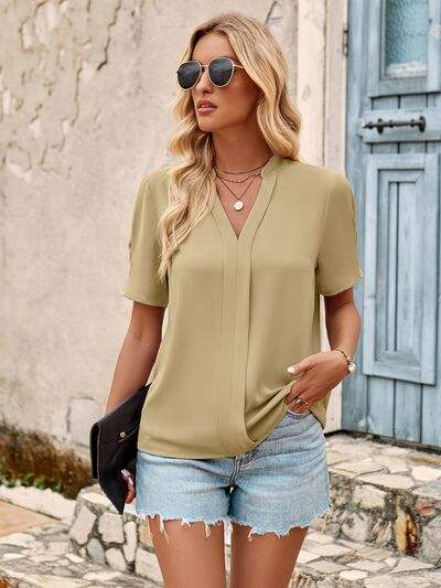 V-Neck Short Sleeve Blouse Tan Blouses - Tophatter Daily Deals