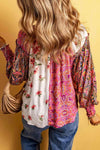 Multicolor Floral Notched Neck Lantern Sleeve Blouse Blouses - Tophatter Daily Deals