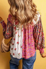 Multicolor Floral Notched Neck Lantern Sleeve Blouse Blouses - Tophatter Daily Deals